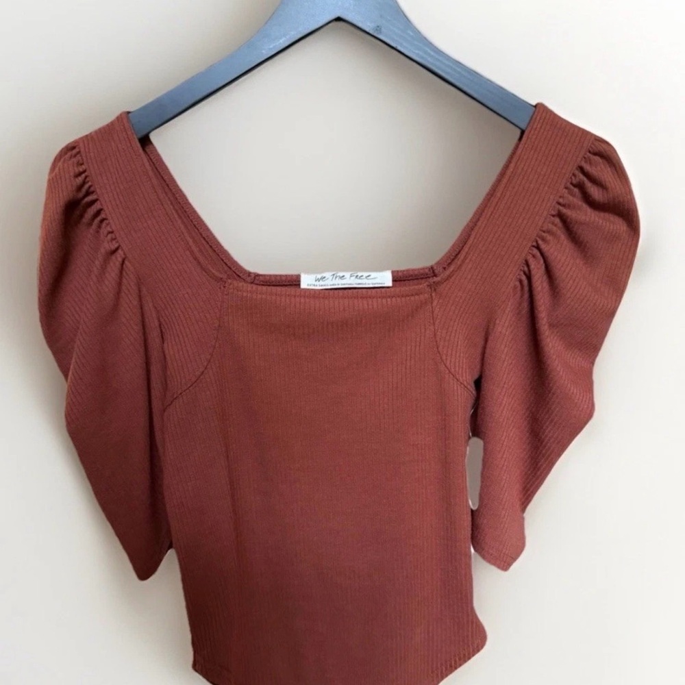 Free People Sienna Night Lily Puff Shoulder Ribbed Top Rib Square Neck XS NWT